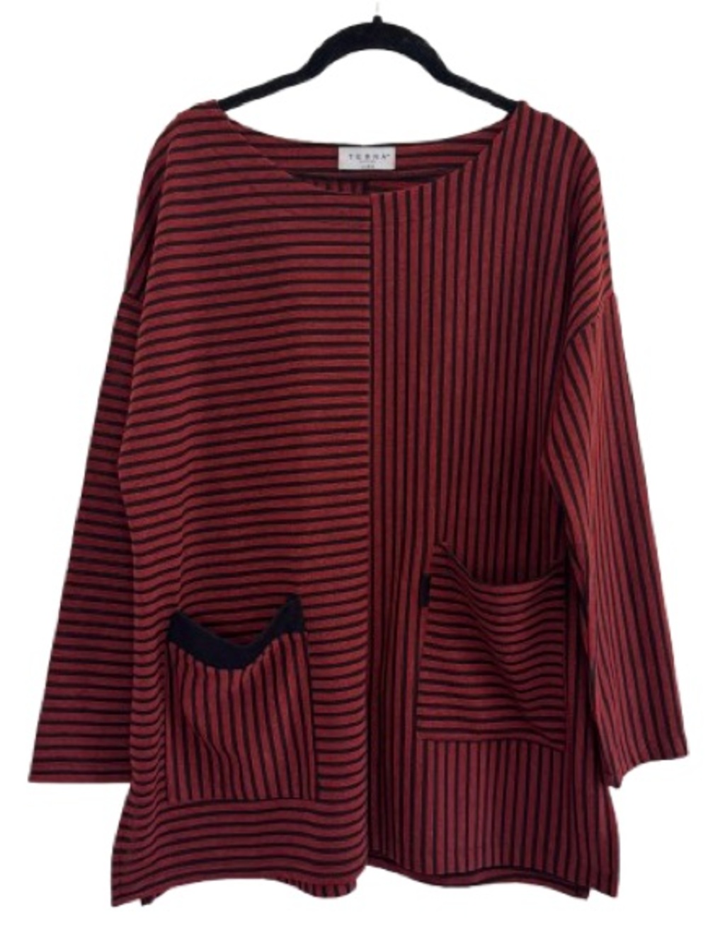 Terra SJ Apparel Black Rust Red Stripe Lagenlook Long Sleeve Top Art to Wear